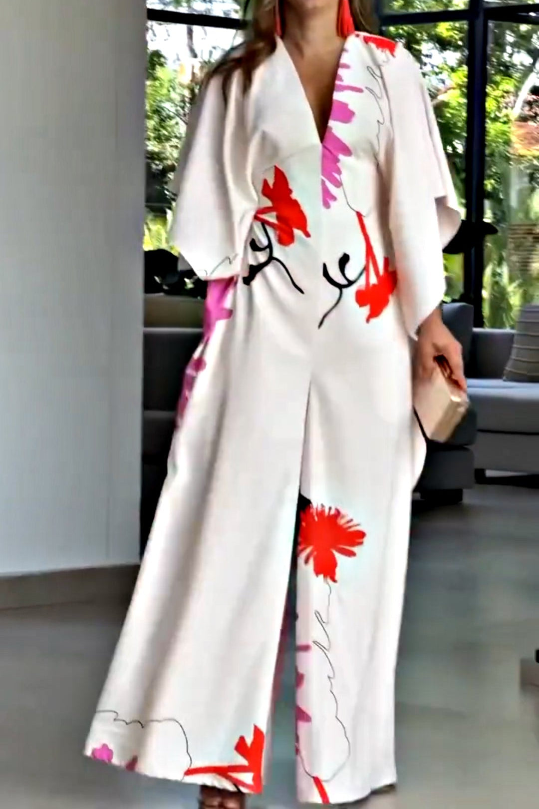 Fashionable Contrast Color, V-neck Design Slim Jumpsuit