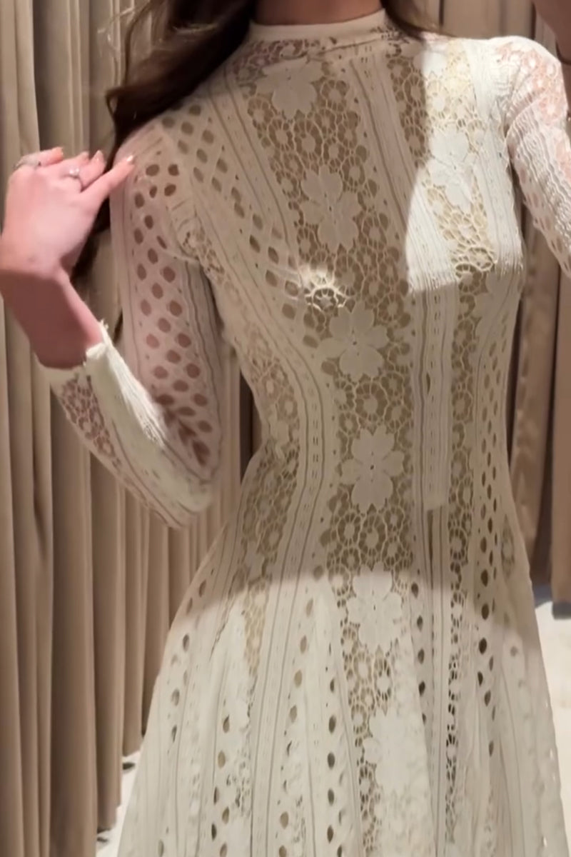 Flower Lace Long Sleeve Round Neck Elegant Dress