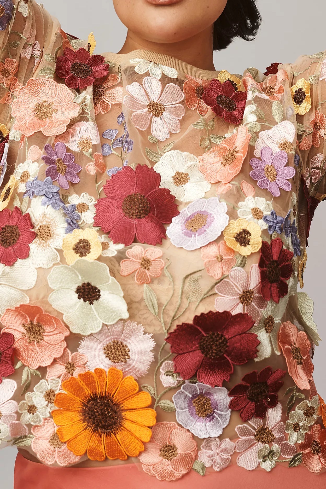 Women's Embroidered 3D Floral Blouse Short Sleeve Crew Neck