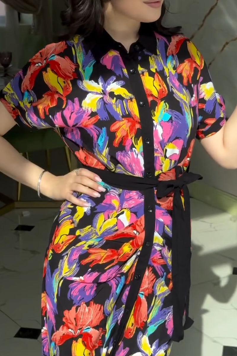 Color Printed Black Short-sleeved Shirt With Long Dress