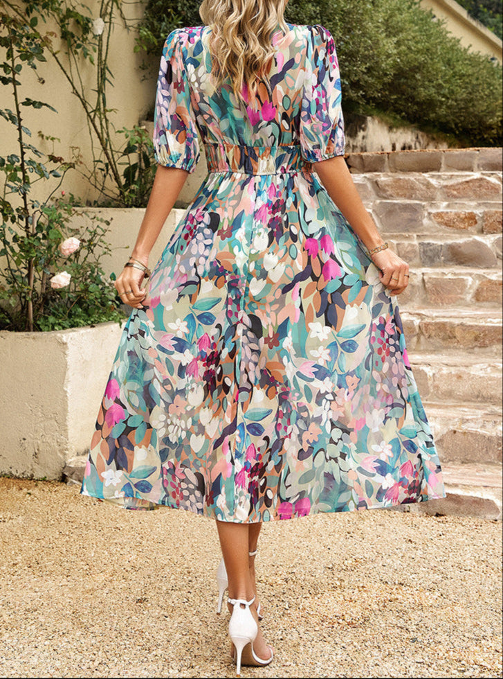 Waist V-neck Printed Dress