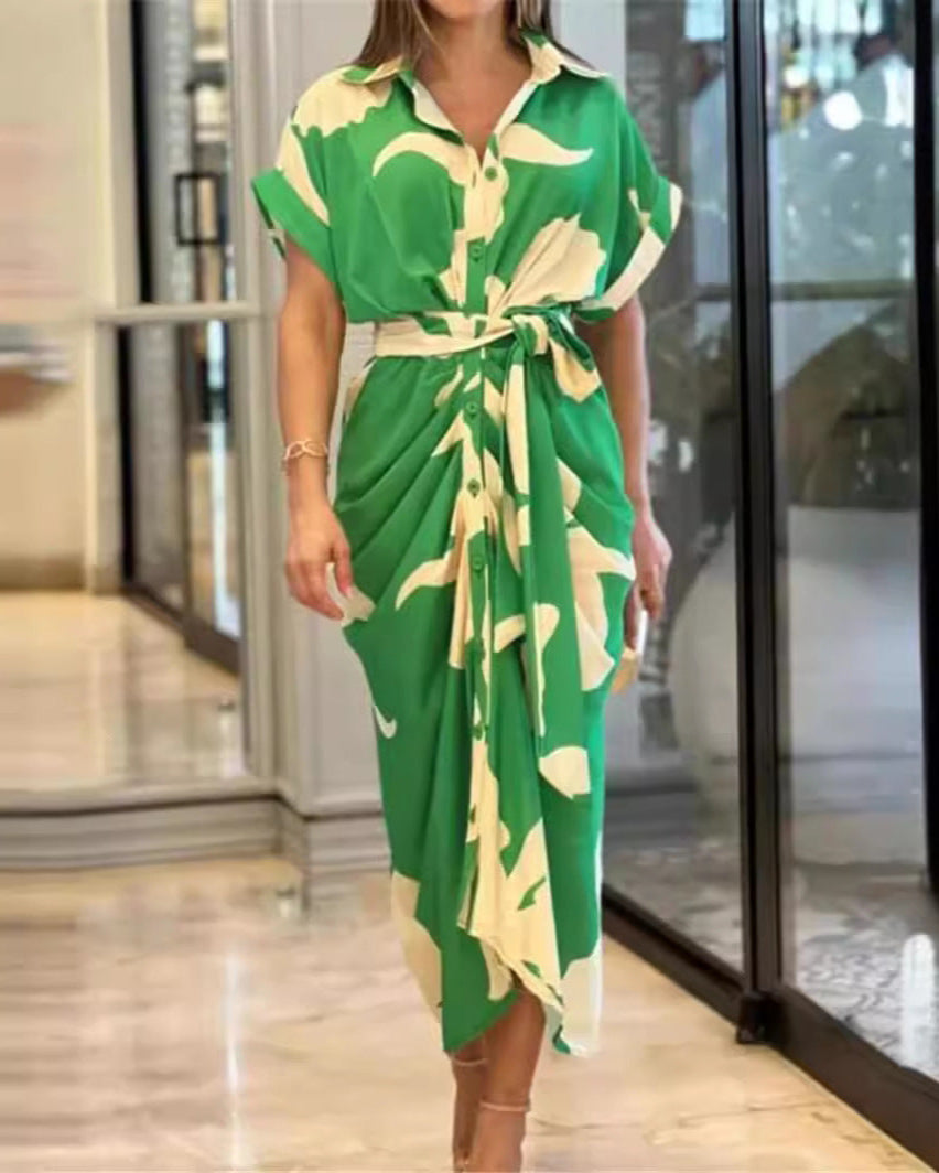 Shirt style, Waist-length, Lapel printed dress