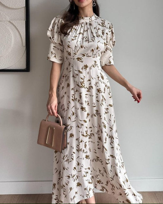 Satin Print, Smooth to the Touch, Short Sleeves, Waisted Maxi Dress