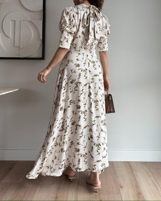 Satin Print, Smooth to the Touch, Short Sleeves, Waisted Maxi Dress