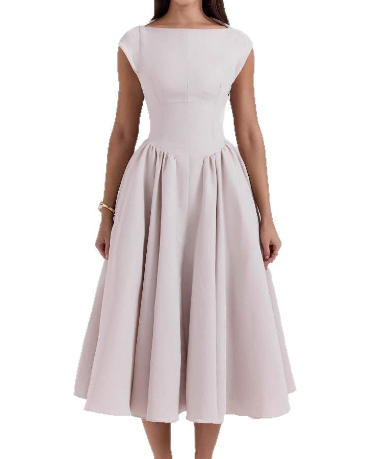 Backless Round Neck, Sleeveless Vest, French Solid Color Dress