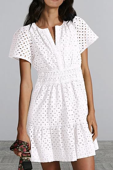 V-neck A-line Hollow Lace Mini Dress
