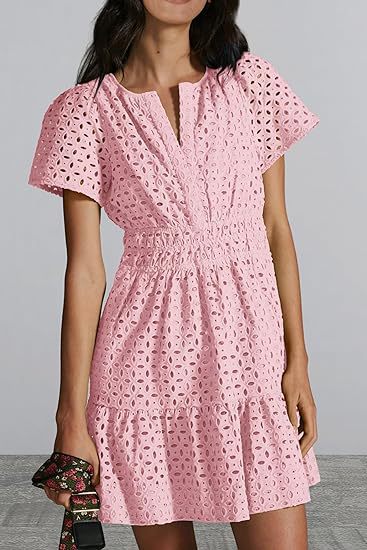 V-neck A-line Hollow Lace Mini Dress