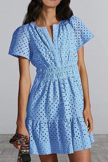 V-neck A-line Hollow Lace Mini Dress