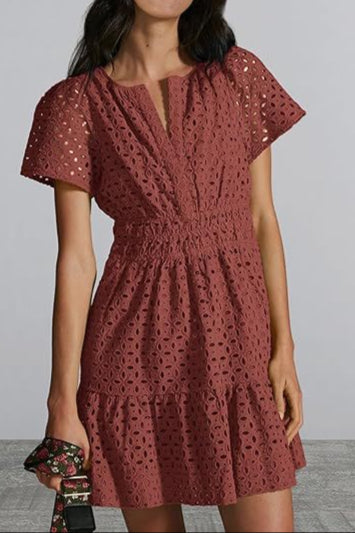 V-neck A-line Hollow Lace Mini Dress