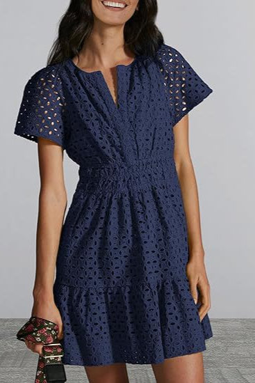 V-neck A-line Hollow Lace Mini Dress