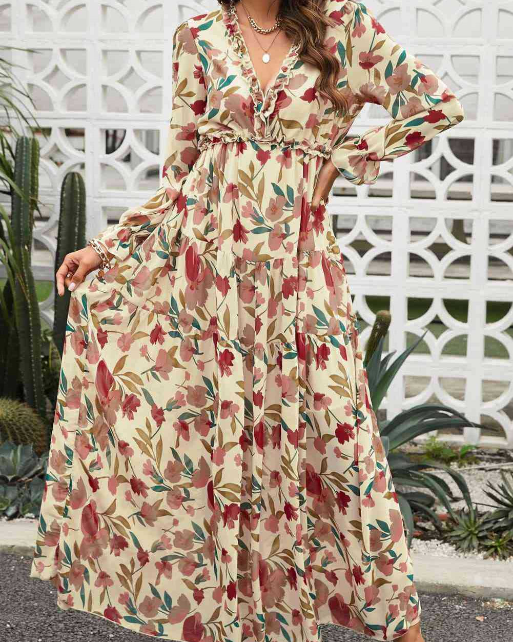 V-neck Chiffon Floral, Bohemian Dress