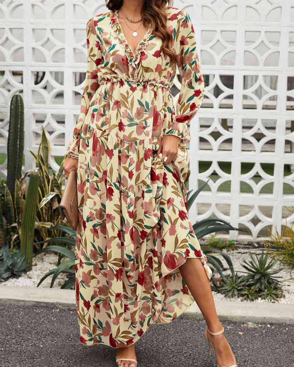 V-neck Chiffon Floral, Bohemian Dress