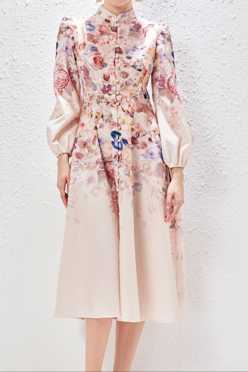 Stand Collar Single Breasted Printed Dress