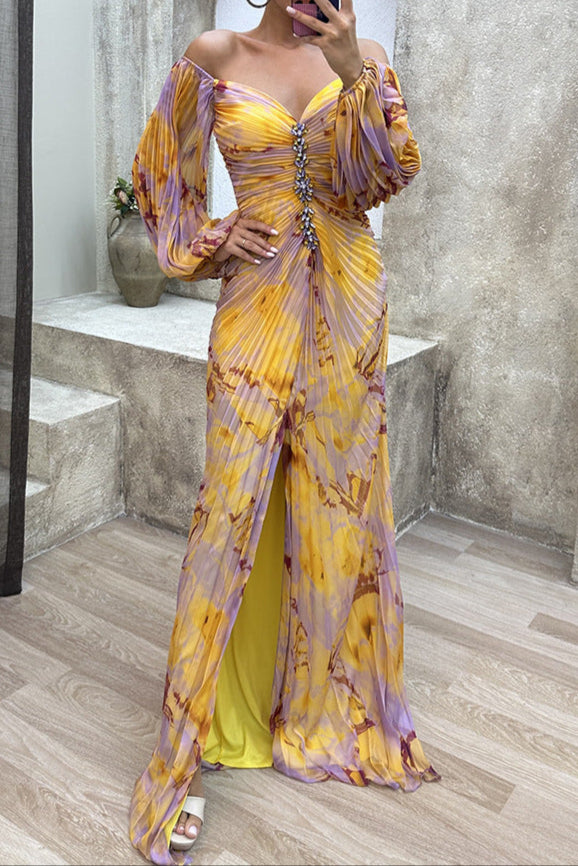Diamond, Pleated Print, Long Sleeve Dress