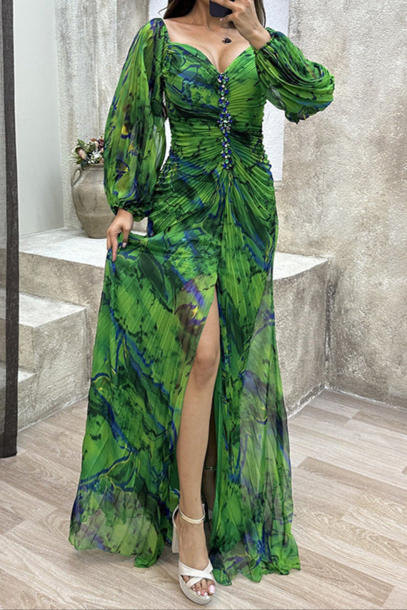 Diamond, Pleated Print, Long Sleeve Dress