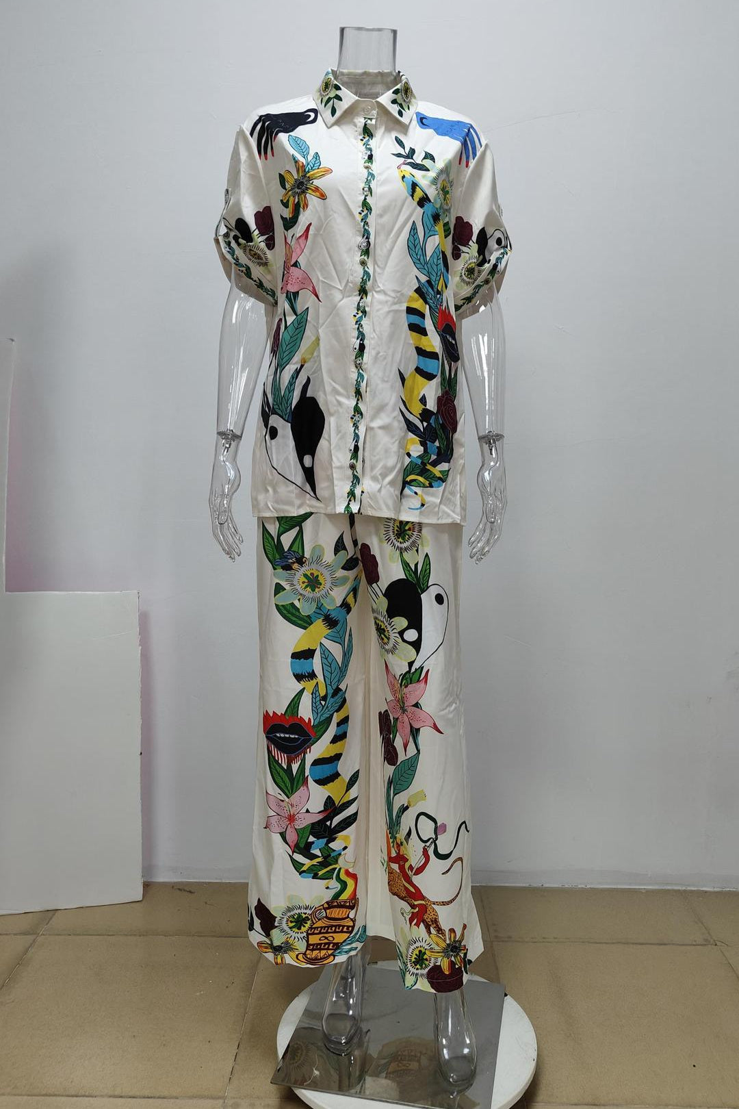 Printed Shirt and Wide-leg Pants Fashion suit