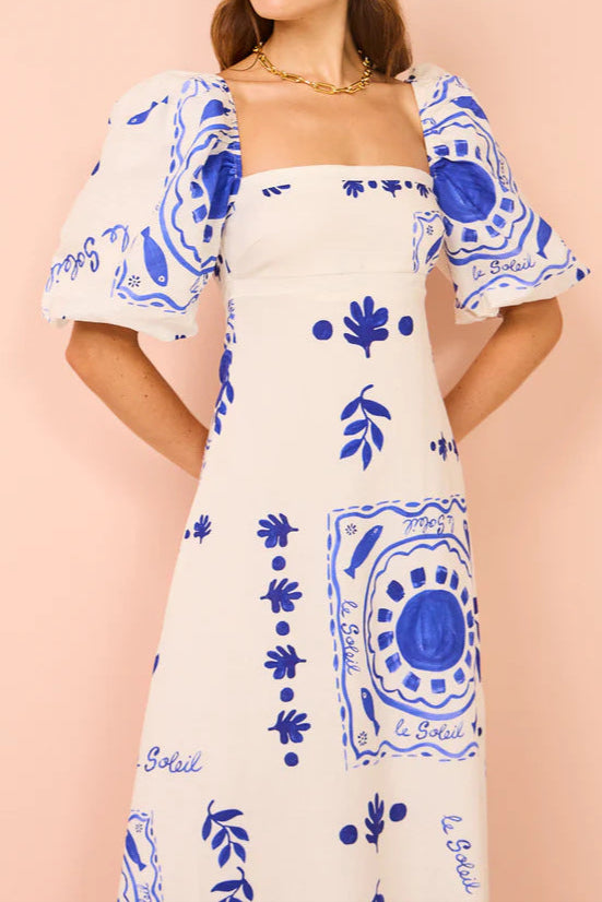 Printed Puff Sleeve Dress With Neck
