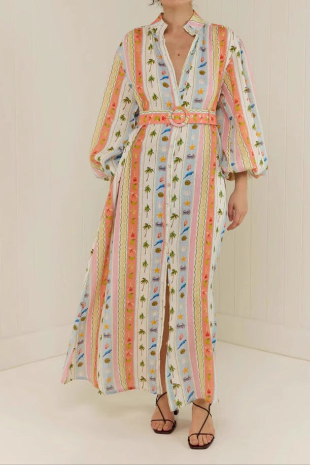 Women Collar Print Sashes Cotton Dress Long Sleeve