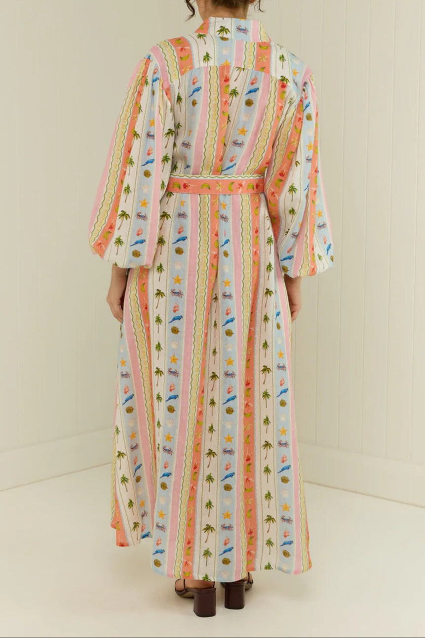 Women Collar Print Sashes Cotton Dress Long Sleeve