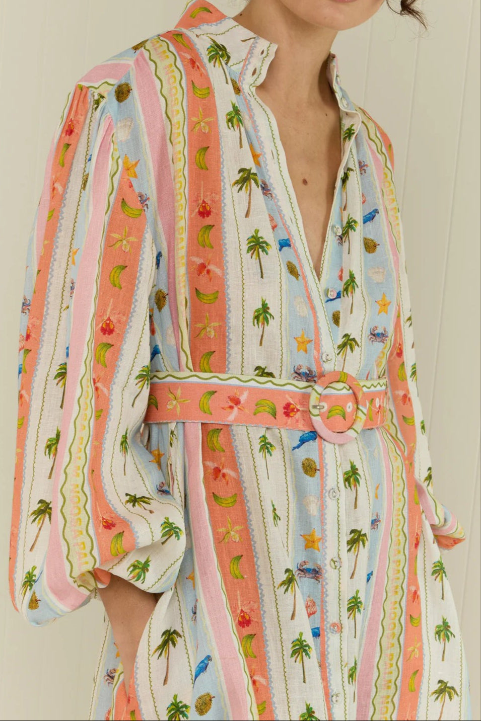 Women Collar Print Sashes Cotton Dress Long Sleeve