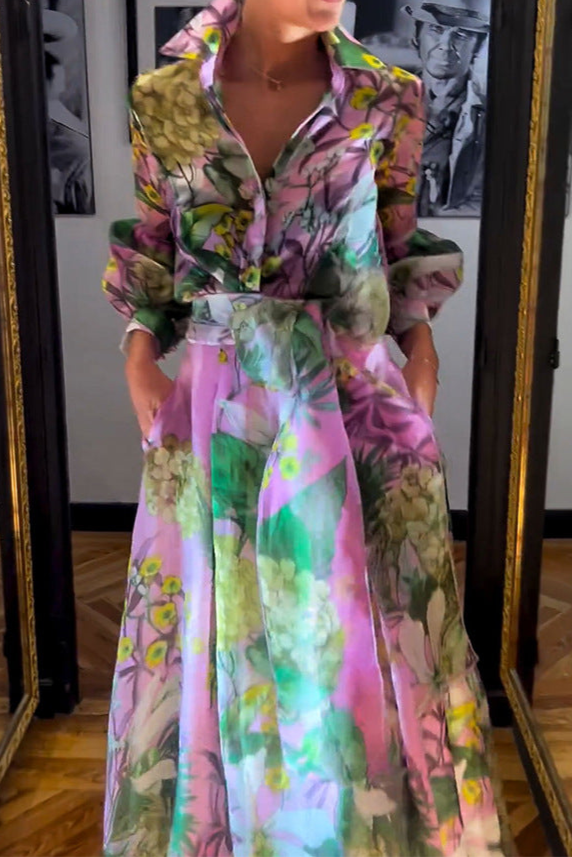 Printed Long-Sleeve Skirt Two-Piece Set