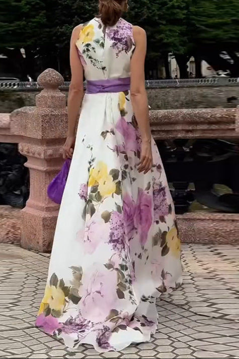 Sleeveless Waist Print Split Fashion Dress