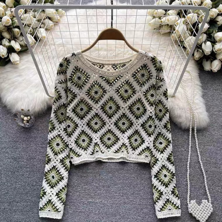 French Crewneck Crochet Cutout Sunscreen Blouse