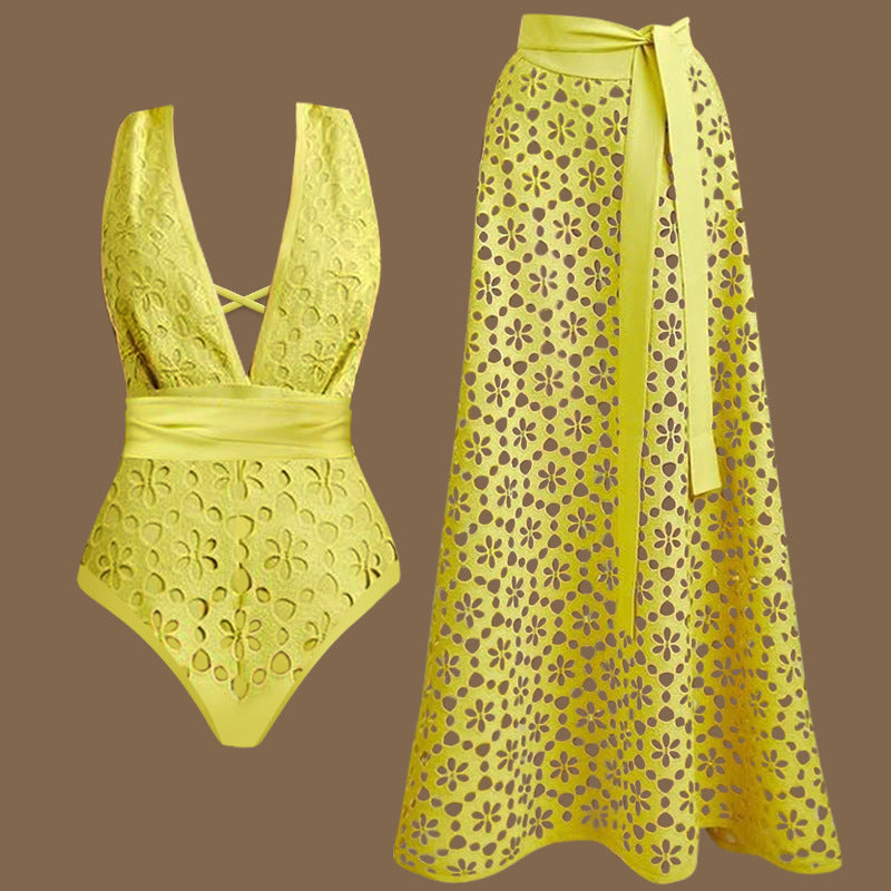 Women's Yellow Cutout Swimsuit & Skirt Suit