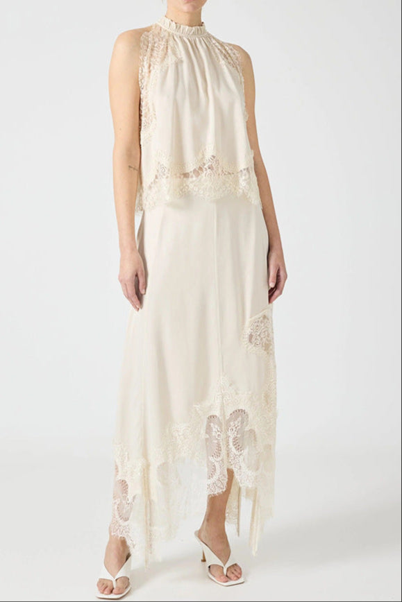 Sleeveless Crewneck Vest Hollow Lace Split Skirt Two-piece Set