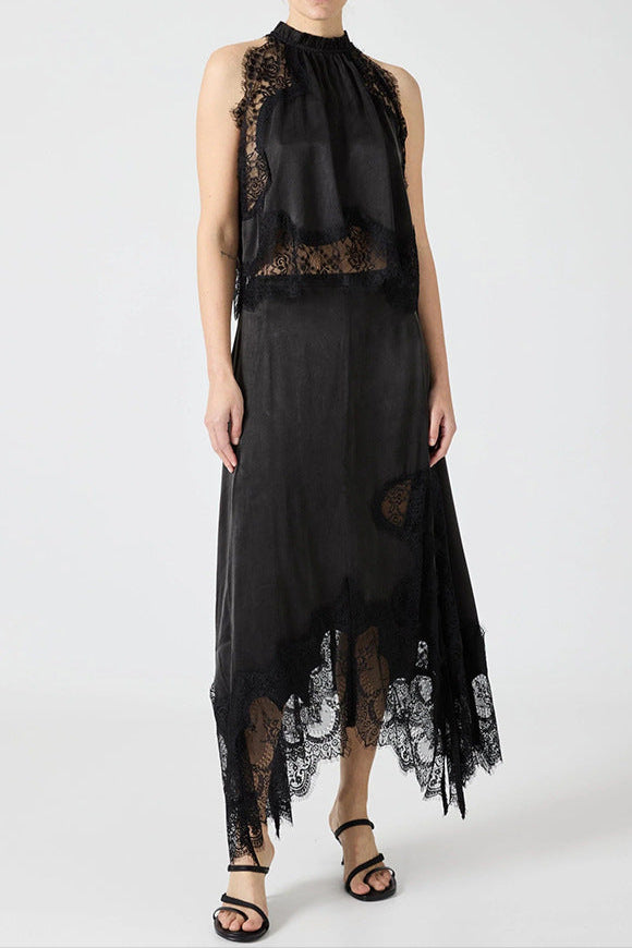 Sleeveless Crewneck Vest Hollow Lace Split Skirt Two-piece Set