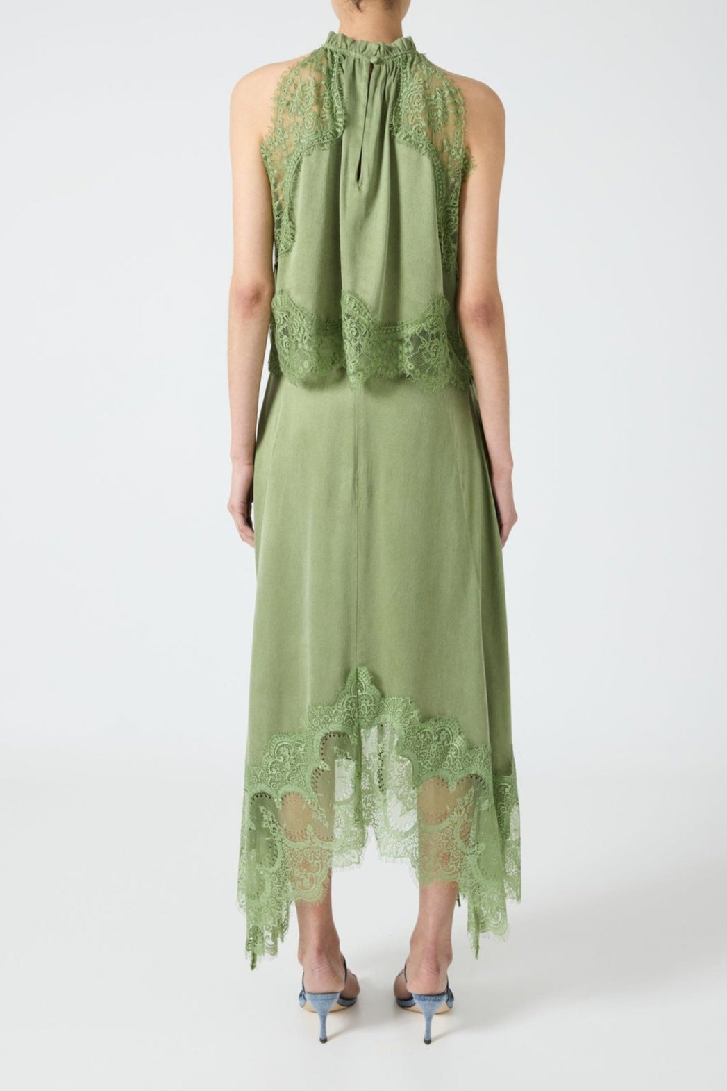 Sleeveless Crewneck Vest Hollow Lace Split Skirt Two-piece Set