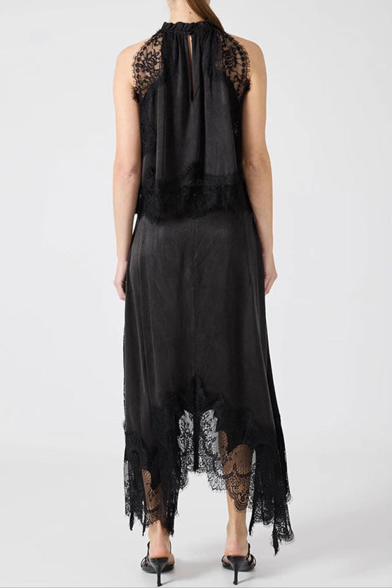 Sleeveless Crewneck Vest Hollow Lace Split Skirt Two-piece Set