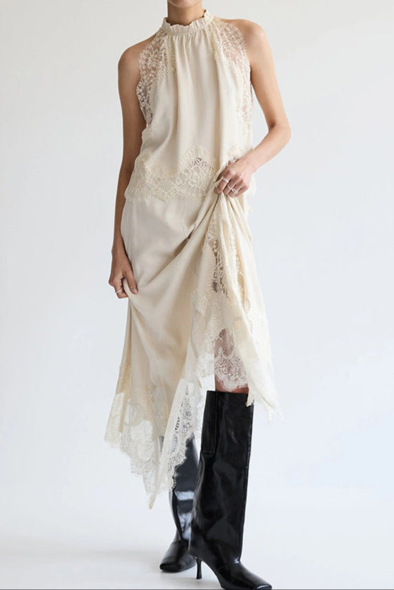 Sleeveless Crewneck Vest Hollow Lace Split Skirt Two-piece Set