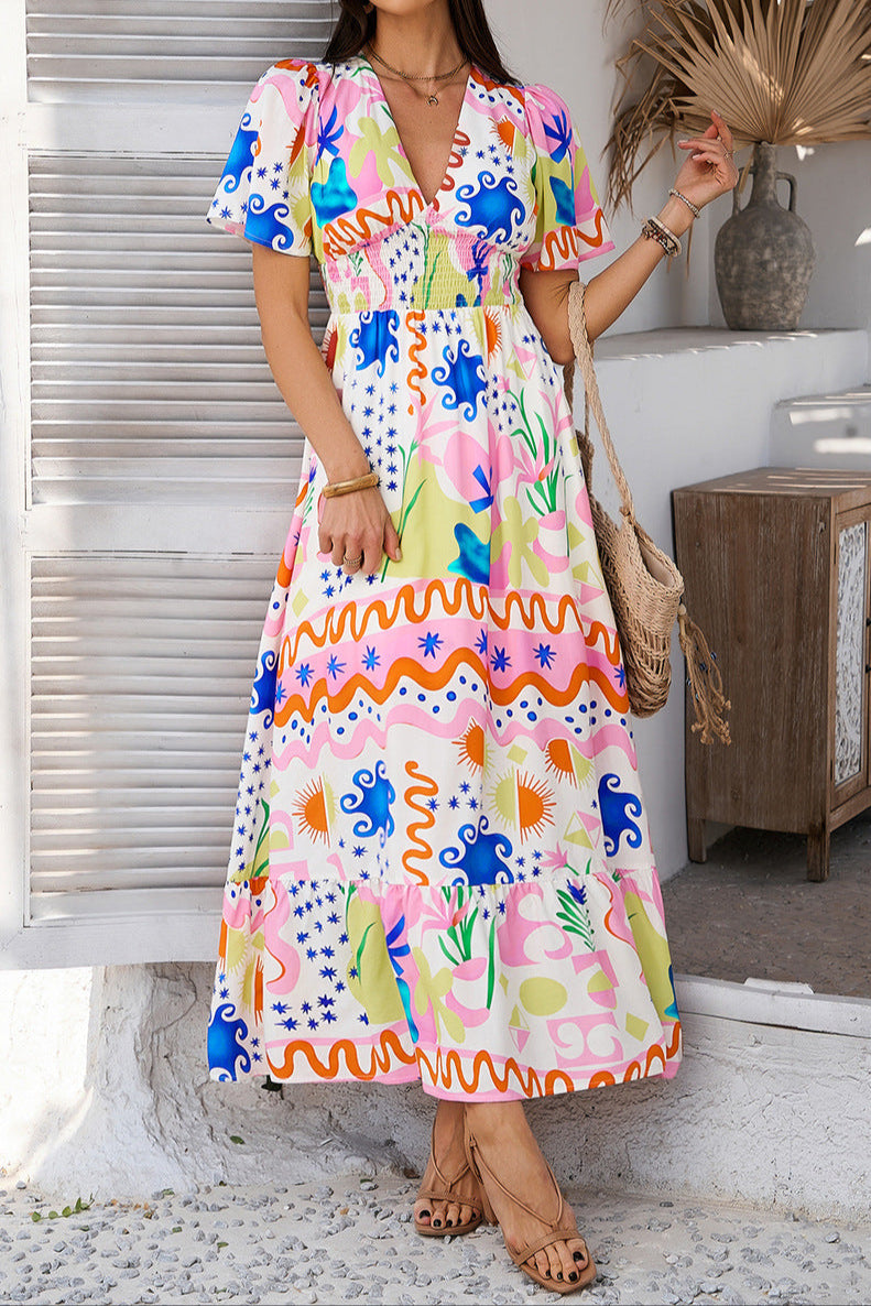 Printed Contrast V-neck High-waisted Short-sleeved Dress