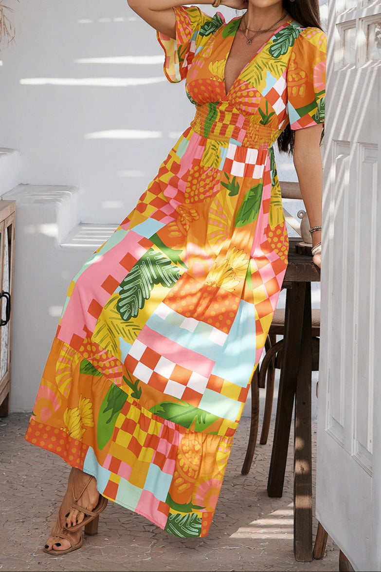 Printed Contrast V-neck High-waisted Short-sleeved Dress