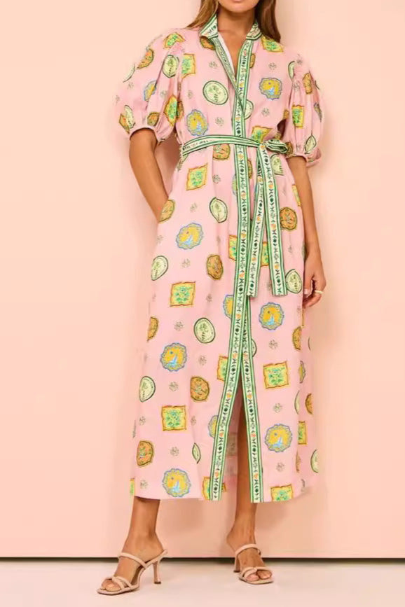 Graffiti Lantern Sleeve Cardigan Casual Fashion Linen Dress
