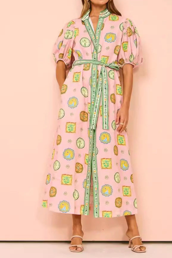 Graffiti Lantern Sleeve Cardigan Casual Fashion Linen Dress