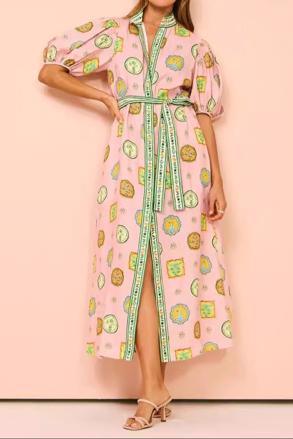 Graffiti Lantern Sleeve Cardigan Casual Fashion Linen Dress