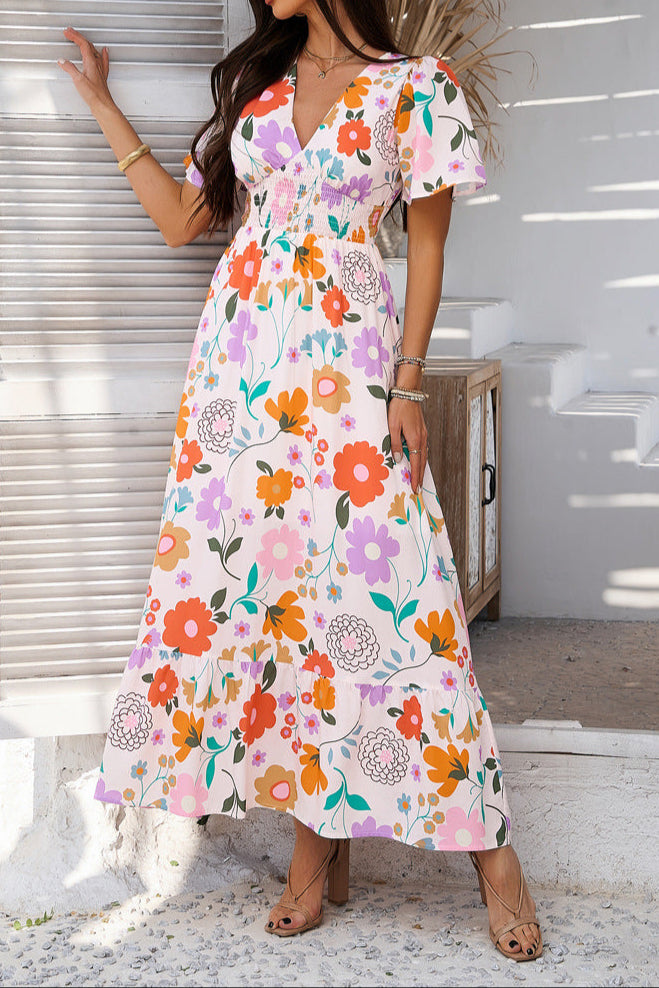 Printed Contrast V-neck High-waisted Short-sleeved Dress