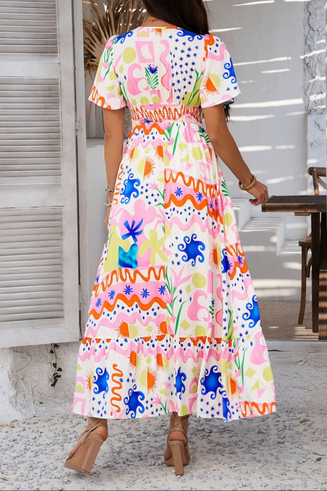 Printed Contrast V-neck High-waisted Short-sleeved Dress