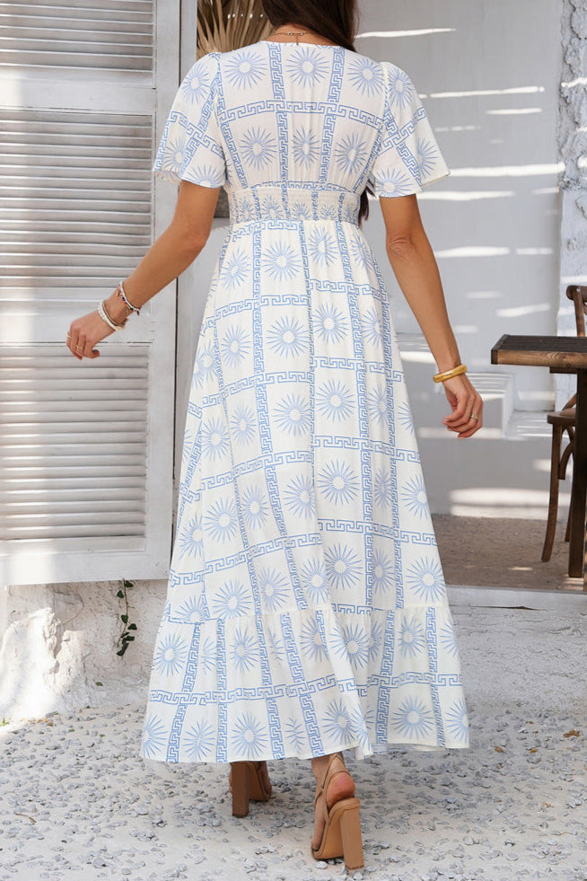 Printed Contrast V-neck High-waisted Short-sleeved Dress