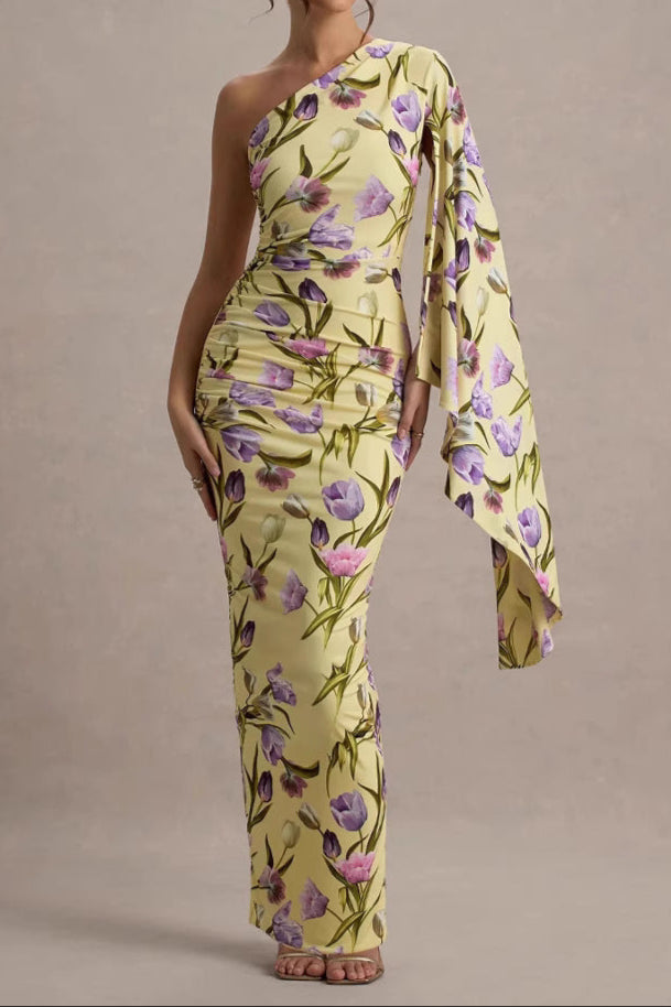 Cream Floral-Print Asymmetric Shawl Embroidered Maxi Dress