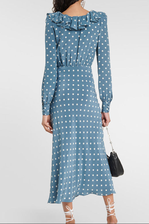 Polar-dot Chiffon Slim-fit Short-sleeve Long Dress