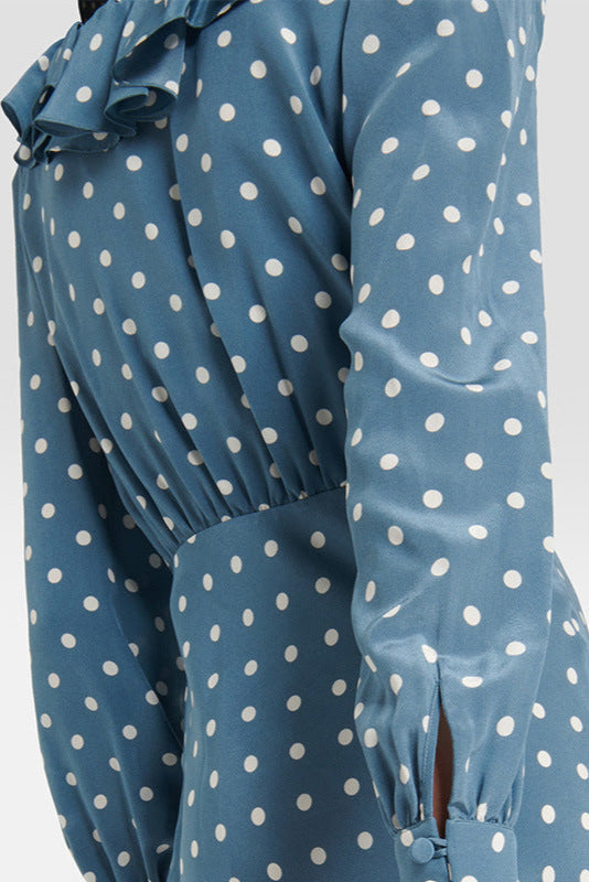 Polar-dot Chiffon Slim-fit Short-sleeve Long Dress