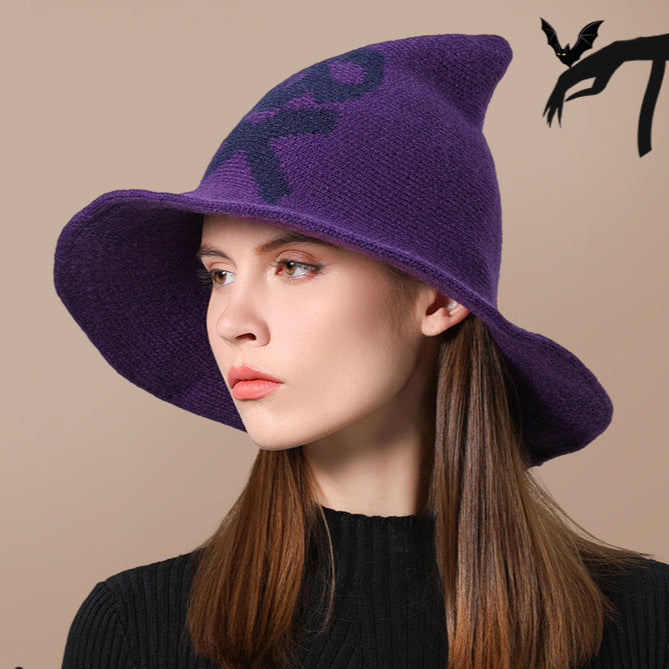 Skull Witch Hat, Wool Knitted Face-Covered Witch Hat