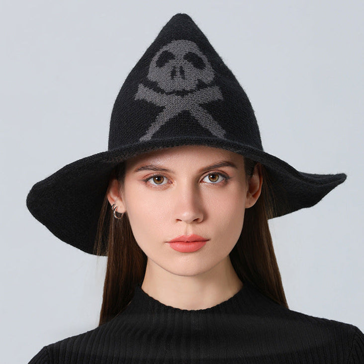 Skull Witch Hat, Wool Knitted Face-Covered Witch Hat