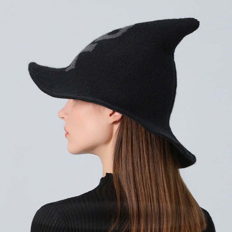 Skull Witch Hat, Wool Knitted Face-Covered Witch Hat