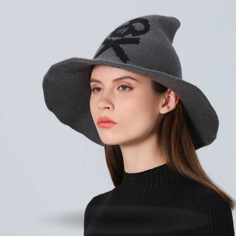 Skull Witch Hat, Wool Knitted Face-Covered Witch Hat