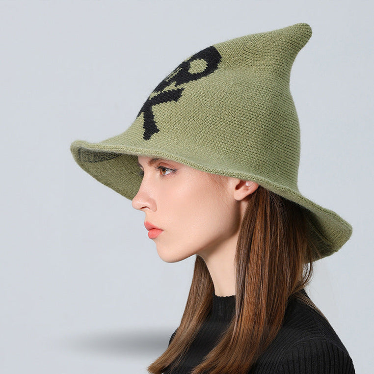 Skull Witch Hat, Wool Knitted Face-Covered Witch Hat