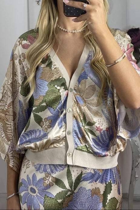Temperament Home Satin Print Short Sleeve Skirt Suit
